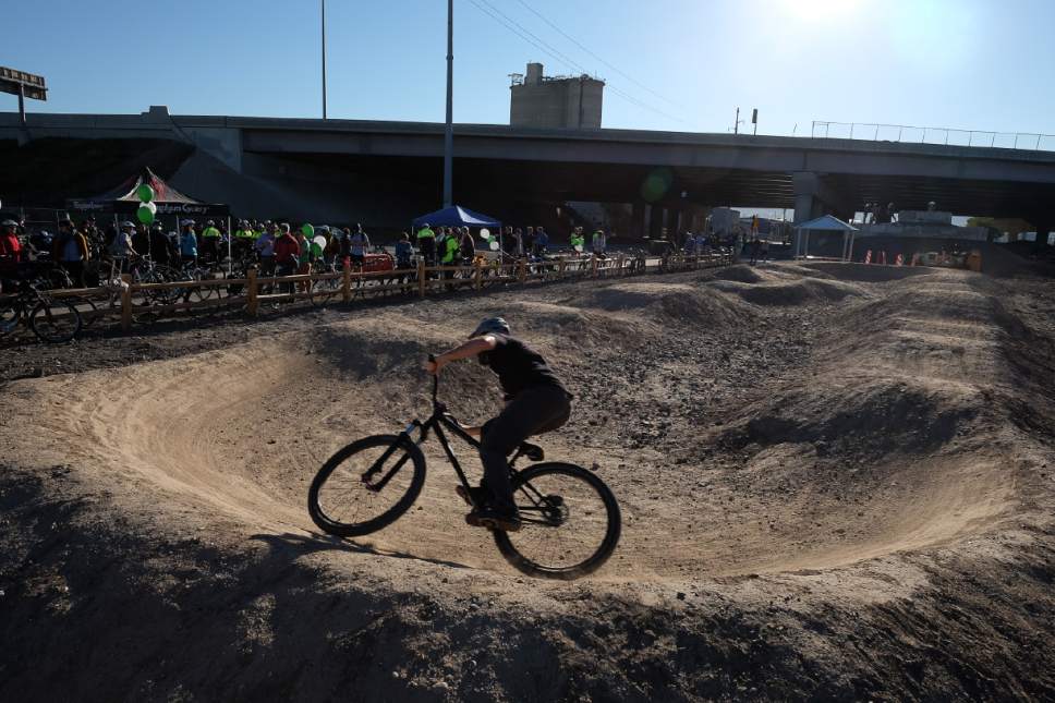 Francisco Kjolseth | The Salt Lake Tribune
People ride the new flow track on Tuesday at the City's newly constructed 900 South Bike Park at 905 South, 700 West in Salt Lake City.