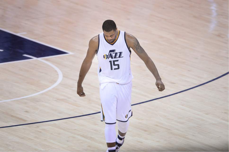 Scott Sommerdorf | The Salt Lake Tribune
Utah Jazz forward Derrick Favors (15) walks off the floor after missing two key free throws in the final minute of the game. The LA Clippers won Game 3 of the Western Conference playoff series 111-106, Friday, April 21, 2017.