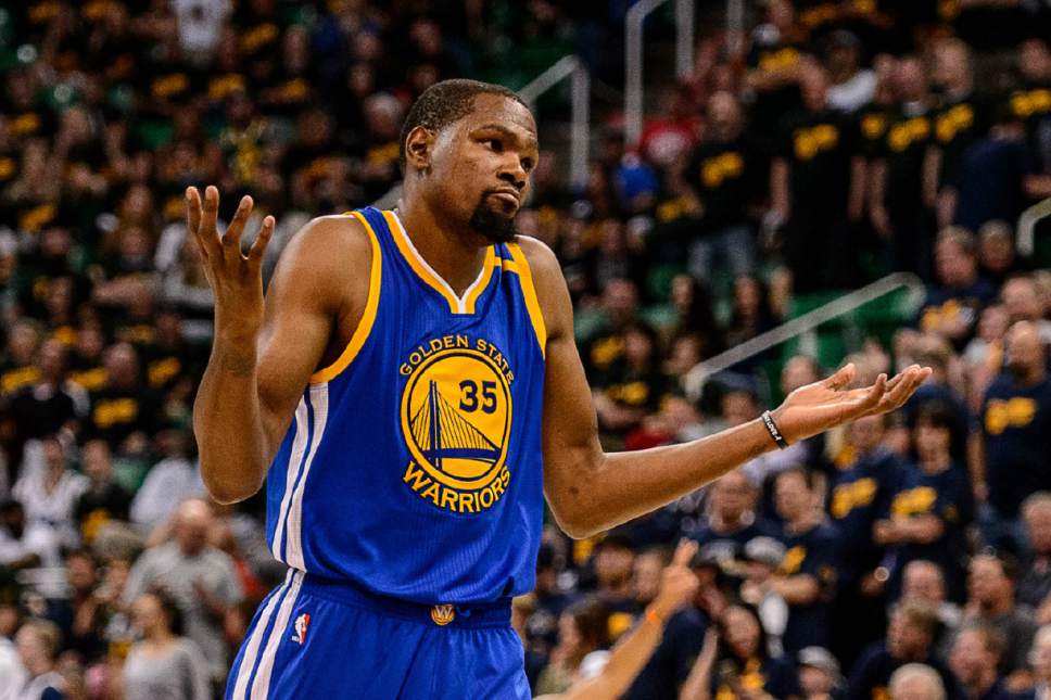 Trent Nelson  |  The Salt Lake Tribune
Golden State Warriors forward Kevin Durant (35) gestures after hitting the second of two three-pointers in the fourth quarter as the Utah Jazz host the Golden State Warriors in Game 3 of the second round, NBA playoff basketball in Salt Lake City, Saturday May 6, 2017.