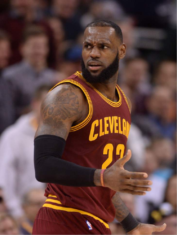 Steve Griffin / The Salt Lake Tribune

Cleveland Cavaliers forward LeBron James (23) looks back at his teammates after they gave up a three-pointer during the Utah Jazz versus Cleveland Cavaliers NBA basketball game at Vivint Smart Home Arena in Salt Lake City Tuesday January 10, 2017.