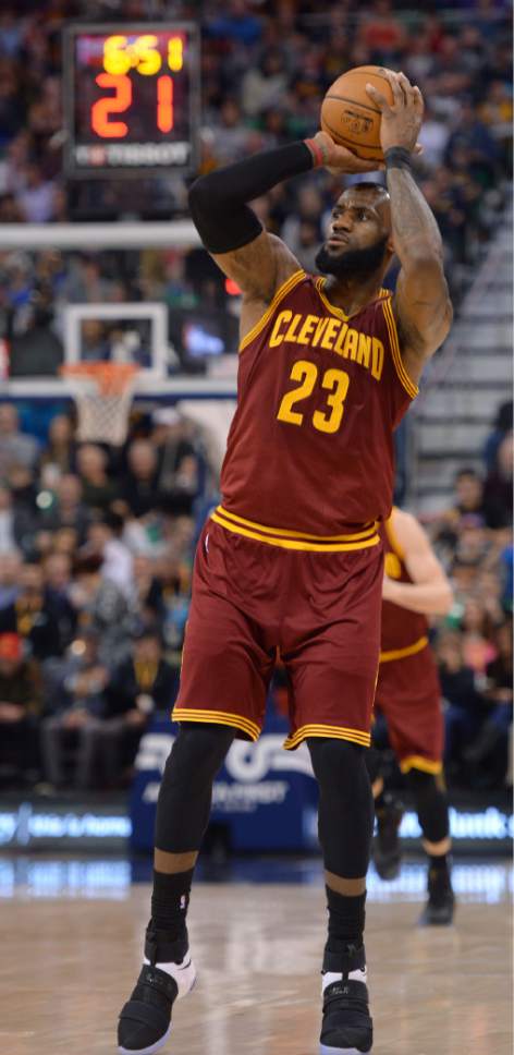 Steve Griffin / The Salt Lake Tribune

Cleveland Cavaliers forward LeBron James (23) nails a three-pointer during the Utah Jazz versus Cleveland Cavaliers NBA basketball game at Vivint Smart Home Arena in Salt Lake City Tuesday January 10, 2017.