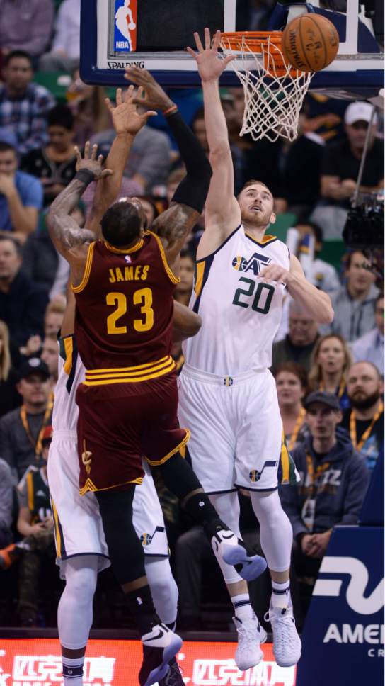 Steve Griffin / The Salt Lake Tribune

Utah Jazz forward Gordon Hayward (20) deflects a shoot by Cleveland Cavaliers forward LeBron James (23) during the Utah Jazz versus Cleveland Cavaliers NBA basketball game at Vivint Smart Home Arena in Salt Lake City Tuesday January 10, 2017.