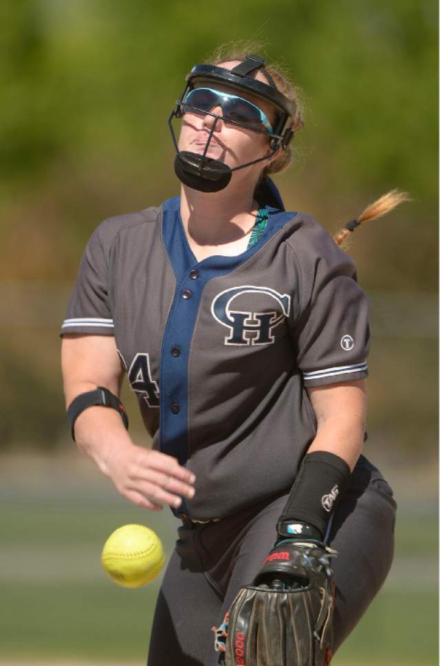 Leah Hogsten  |  The Salt Lake Tribune
Copper Hills pitcher Jessica Mecham. Copper Hills High School girls' softball team defeated Davis High School 5-4 in nine innings to win the quarterfinal game in the Class 5A Softball State playoff tournament at Valley Softball Complex, Tuesday, May 23, 2017.