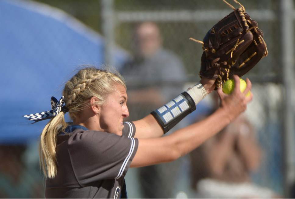 Leah Hogsten  |  The Salt Lake Tribune
Copper Hills pitcher McKenzie Bergener.  Copper Hills High School girls' softball team defeated Davis High School 5-4 in nine innings to win the quarterfinal game in the Class 5A Softball State playoff tournament at Valley Softball Complex, Tuesday, May 23, 2017.
