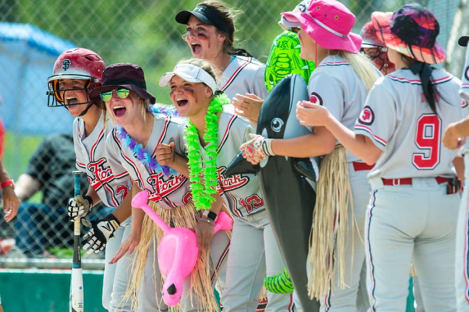 Chris Detrick  |  The Salt Lake Tribune
Teammates cheer on Spanish Fork's Marae Condie (3) after she hit a home run during the Class 4A softball state semifinal game at Valley Softball Complex Wednesday, May 24, 2017. Spanish Fork defeated Springville 14-0.