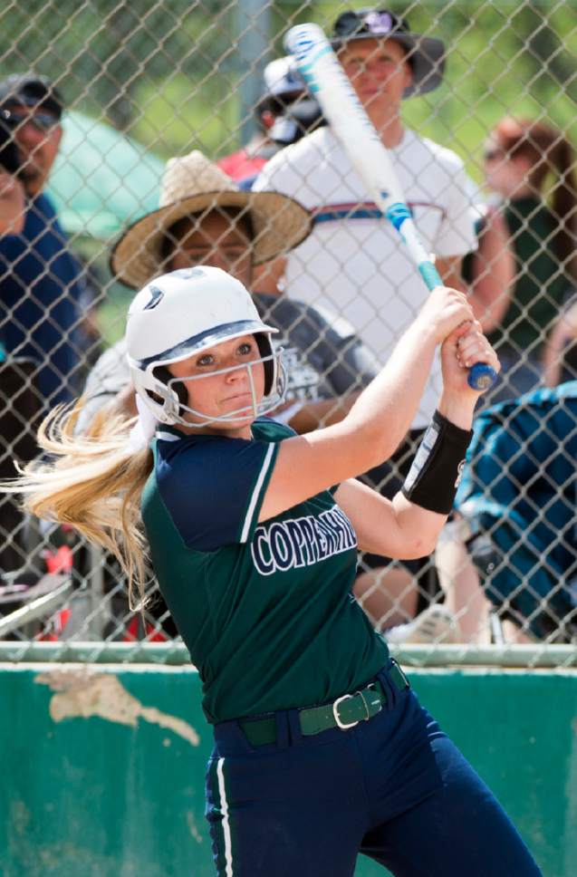 Rick Egan  |  The Salt Lake Tribune

Copper Hills Portia Price (2) knocks the ball into right field, in the 5A softball state semifinal game, between West and Copper Hills, in Taylorsville, Thursday, May 25, 2017.