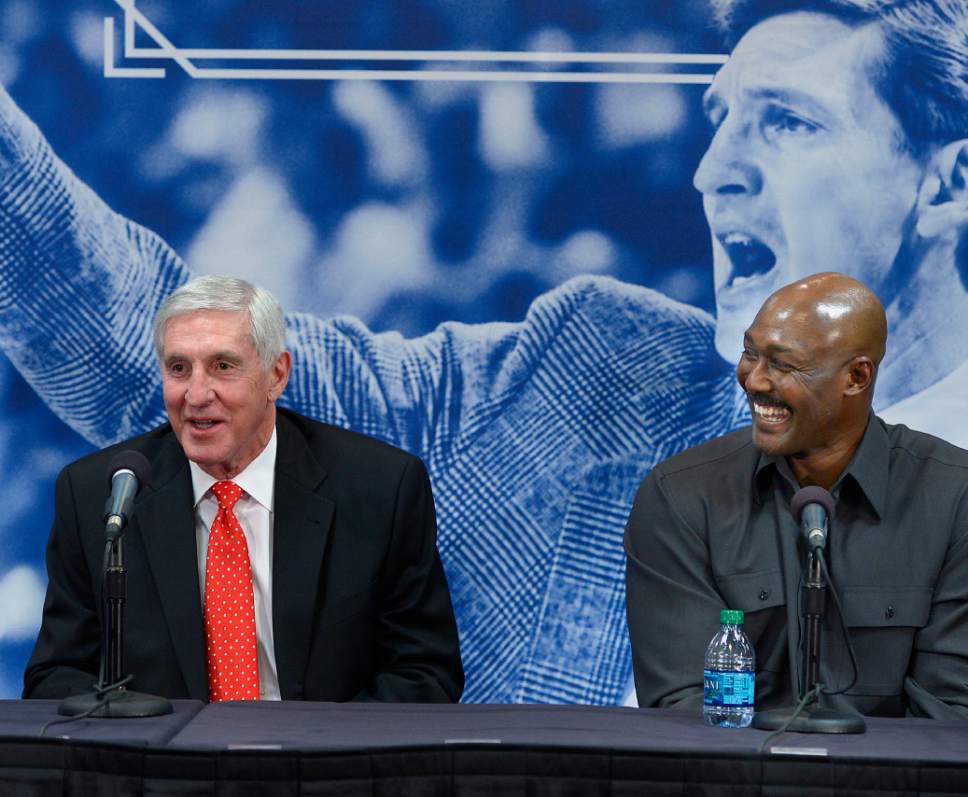 Scott Sommerdorf   |  The Salt Lake Tribune
Former Jazz great Karl Malone, right cracks up as former Jazz head coach Jerry Sloan tells a story about their time together at a press conference to honor coach Sloan. Former Jazz greats Karl Malone and John Stockton as well as Jazz CEO Greg Miller spoke, Friday, Jan. 31, 2014.