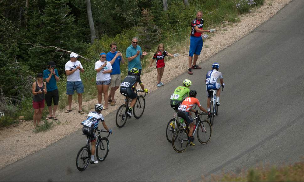 Leah Hogsten  |  The Salt Lake Tribune
Leaders climb Guardsman's Pass during Stage 6 of the Tour of Utah on Saturday, August 6, 2016 that took cyclists on a 114-mile ride with over 11,000 feet of climbing from Snowbasin Ski Resort to Snowbird.