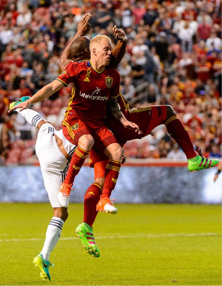Trent Nelson  |  The Salt Lake Tribune
Los Angeles Galaxy defender Ashley Cole (3), Real Salt Lake defender Jamison Olave (4) and Real Salt Lake midfielder Luke Mulholland (19) leap for the ball as Real Salt Lake hosts the Los Angeles Galaxy, MLS soccer at Rio Tinto Stadium in Sandy, Wednesday September 7, 2016.