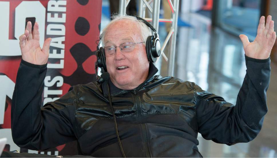 Rick Egan  |  The Salt Lake Tribune

Former football Utah coach Ron McBride has a laugh as he and former BYU coach, LaVell Edwards participate in their weekly radio show, Friday, November 7, 2014