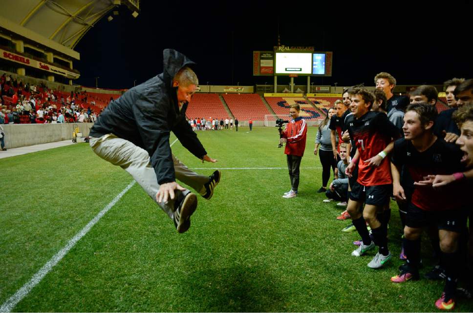 Francisco Kjolseth | The Salt Lake Tribune
Alta coach Lee Mitchell pulls off his signature toe tap as the team celebrates their 1-0 win over East in 4A boys' state soccer championship at Rio Tinto Stadium, Thursday, May 25, 2017.
