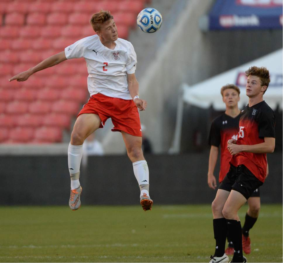 Francisco Kjolseth | The Salt Lake Tribune
Jacksen Skinlo (2) of East heads the ball over Alta in 4A boys' state soccer championship between Alta and East at Rio Tinto Stadium, Thursday, May 25, 2017.