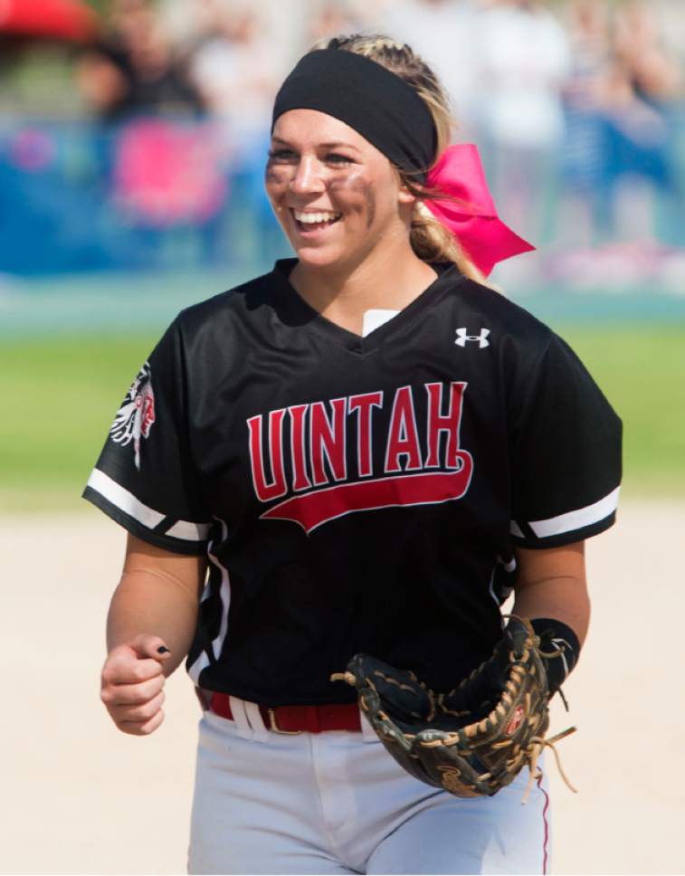 Rick Egan  |  The Salt Lake Tribune

Uintah pitcher Summer Stensgard celebrates UNitah's 12-10 win over Spanish Fork, forcing another game, in the 4A softball state finals between Spanish Fork and Uintah, in Taylorsville, Thursday, May 25, 2017.