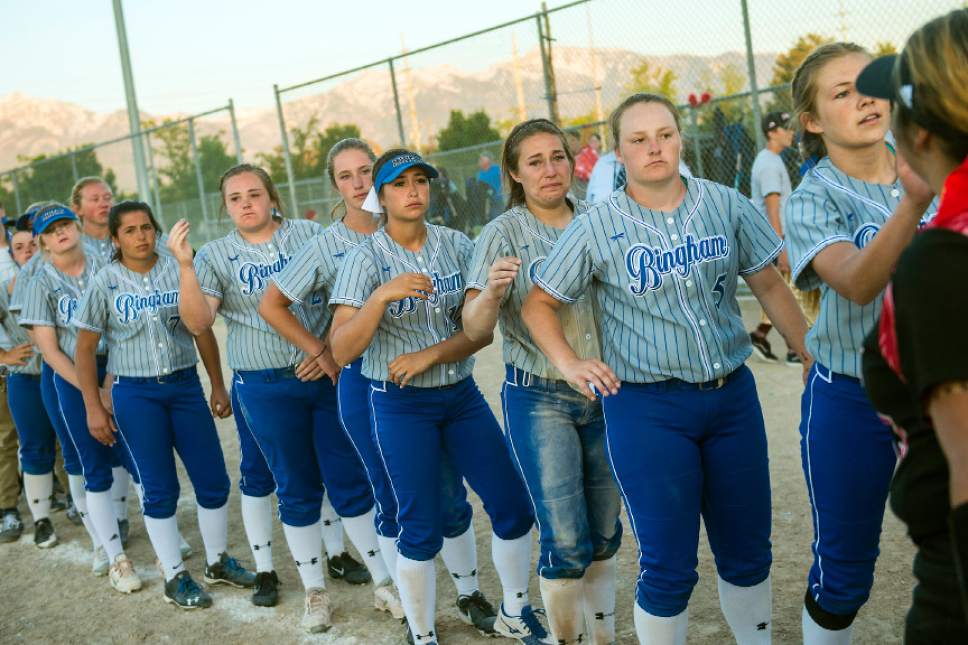 Chris Detrick  |  The Salt Lake Tribune
Members of the Bingham softball team after the Class 5A softball state championship game at Valley Softball Complex Thursday, May 25, 2017. West defeated Bingham 12-6.