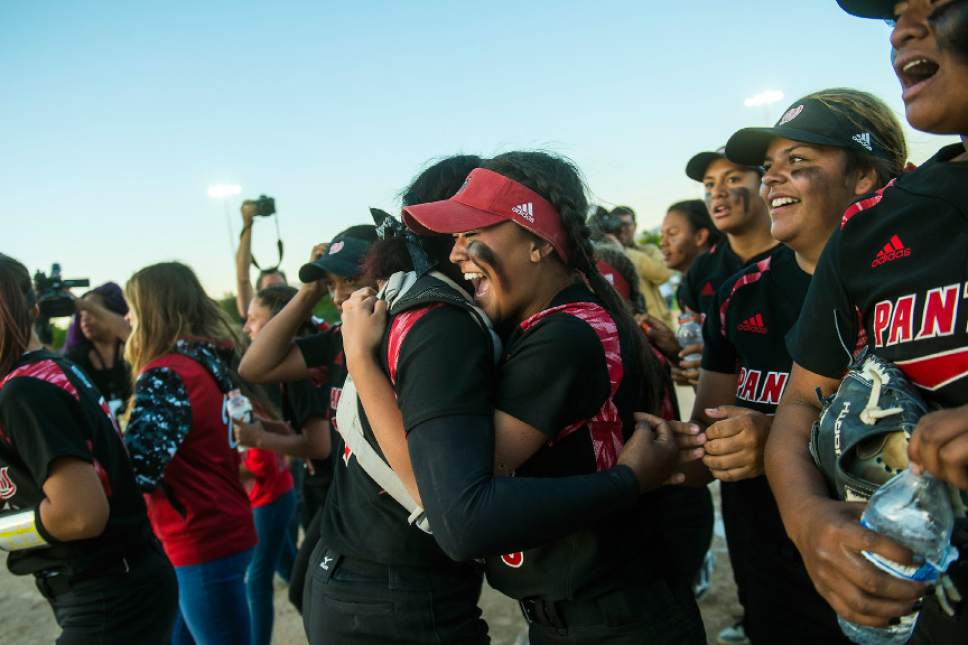 Chris Detrick  |  The Salt Lake Tribune
Members of the West softball team celebrate after winning the Class 5A softball state championship game at Valley Softball Complex Thursday, May 25, 2017. West defeated Bingham 12-6.