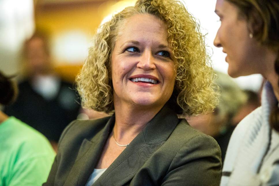 Chris Detrick  |  The Salt Lake Tribune
Jackie Biskupski smiles after being announced the winner  during a election canvass event at City Hall Tuesday November 17, 2015.