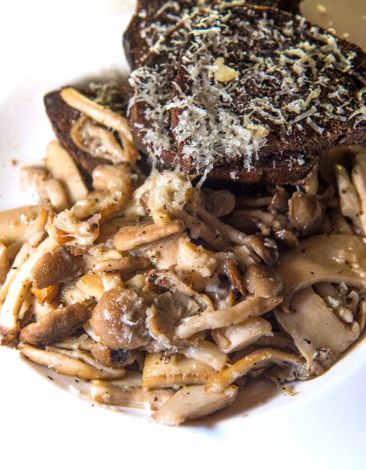 Leah Hogsten  |  The Salt Lake Tribune 
Firewood's fire braised seasonal wild mushrooms with wood beech, royal trumpet and chanterelle mushrooms, served with grilled bread.