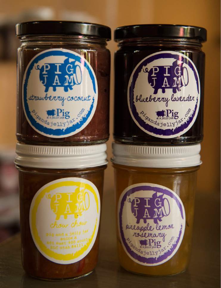 Leah Hogsten  |  The Salt Lake Tribune
Pig & A Jelly Jar sells custom made jams and chow chow, Wednesday, May 24, 2017.
Pig & A Jelly Jar, a popular Salt Lake City restaurant, opened its second location in Ogden two years ago.