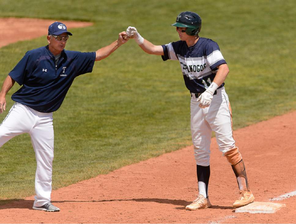 Trent Nelson  |  The Salt Lake Tribune
Timpanogos coach Kim Nelson and Tyler Cornish as Spanish Fork faces Timpanogos High School in the Class 4A baseball state title game in Orem, Friday May 26, 2017.