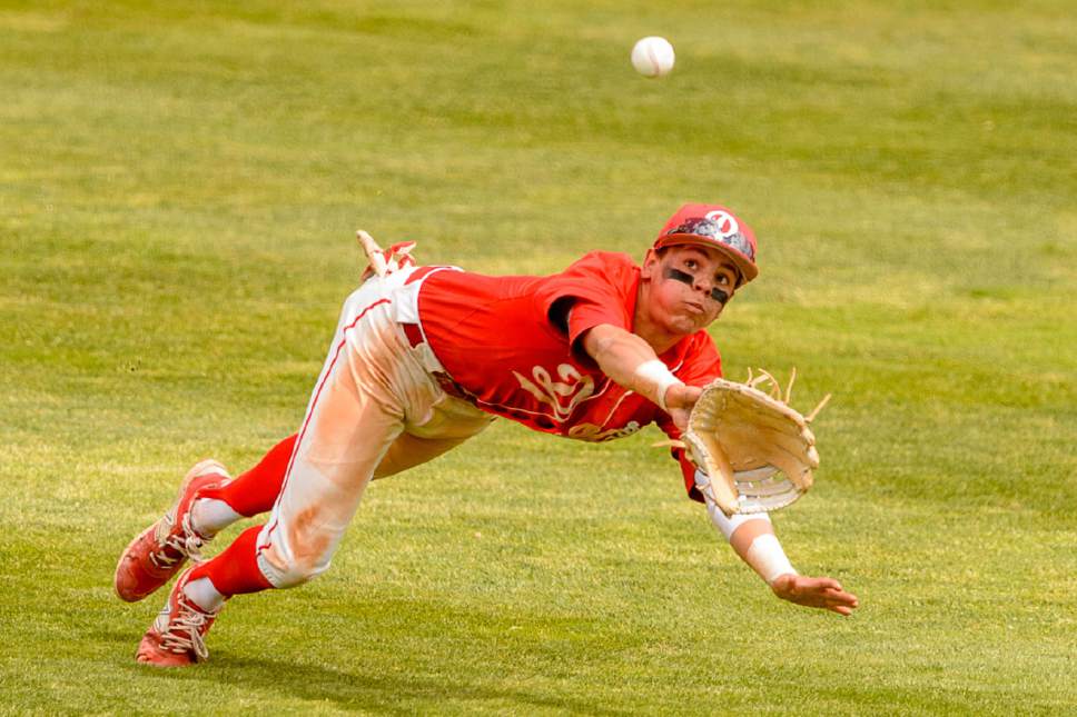 Trent Nelson  |  The Salt Lake Tribune
Spanish Fork's Brady Brook makes a diving catch as Spanish Fork faces Timpanogos High School in the Class 4A baseball state title game in Orem, Friday May 26, 2017.