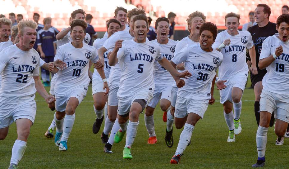 Francisco Kjolseth | The Salt Lake Tribune
Layton celebrates their win over Herriman in shoot out 5-3 during the 5A boys' state soccer championship  at Rio Tinto Stadium, Thursday, May 25, 2017.