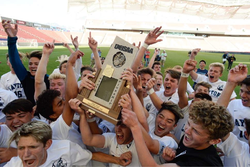 Francisco Kjolseth | The Salt Lake Tribune
Layton celebrates their win over Herriman in shoot out 5-3 during the 5A boys' state soccer championship  at Rio Tinto Stadium, Thursday, May 25, 2017.