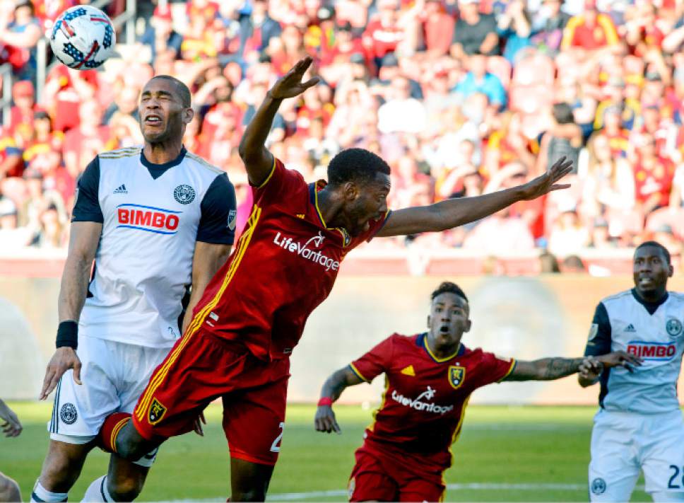 Steve Griffin  |  The Salt Lake Tribune



 Philadelphia Union defender Oguchi Onyewu (5) crashes into Real Salt Lake defender Aaron Maund (21) as head heads the ball away from the goal during the RSL vs. Philadelphia Union soccer match at Rio Tinto Stadium in Sandy Saturday May 27, 2017.