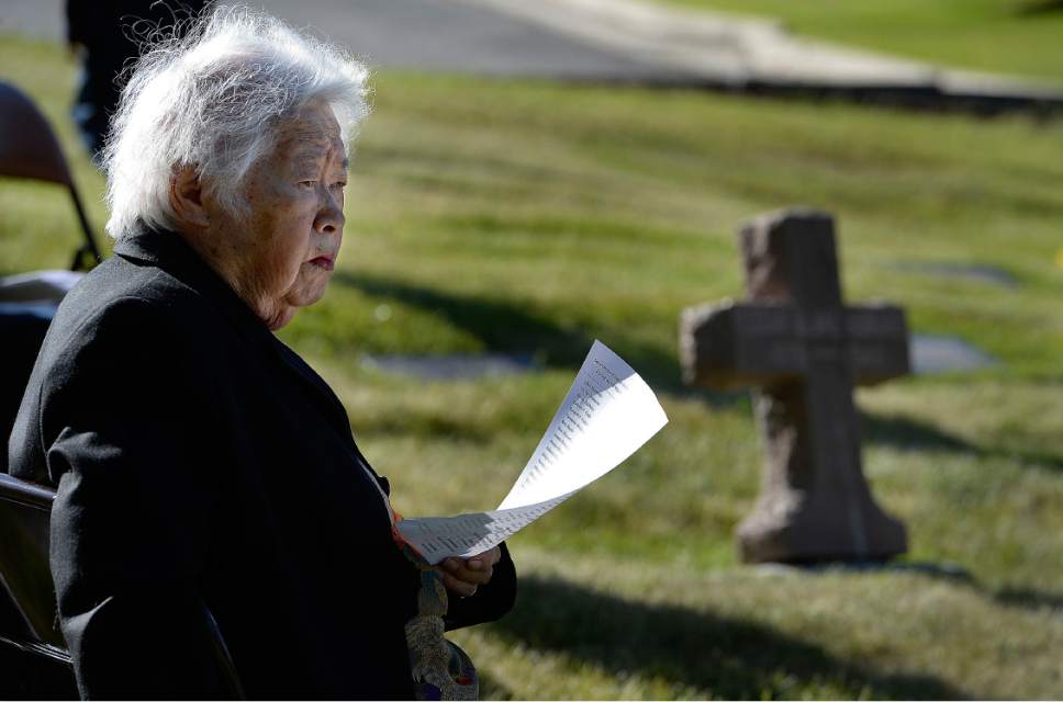 Scott Sommerdorf | The Salt Lake Tribune
Yeiko Homma, 92, looks up after reading from a list of names of Japanese-American servicemen killed in World War II. The Utah Chapters of the Japanese American Citizen League on Sunday commemorated the sacrifices and honored the services of all Japanese-American veterans who have died.