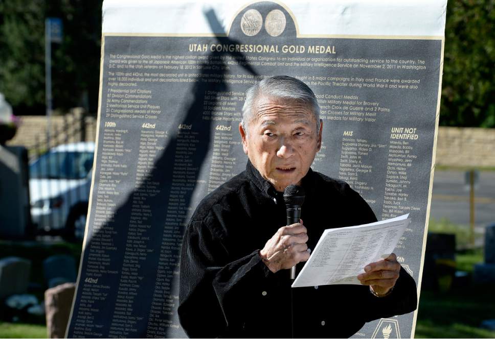 Scott Sommerdorf | The Salt Lake Tribune
Raymond Uno reads from the list of names of Utah Japanese-American servicemen killed in World War II. The Utah Chapters of the Japanese American Citizen League on Sunday commemorated the sacrifices and honored the services of all Japanese-American veterans who have died.
