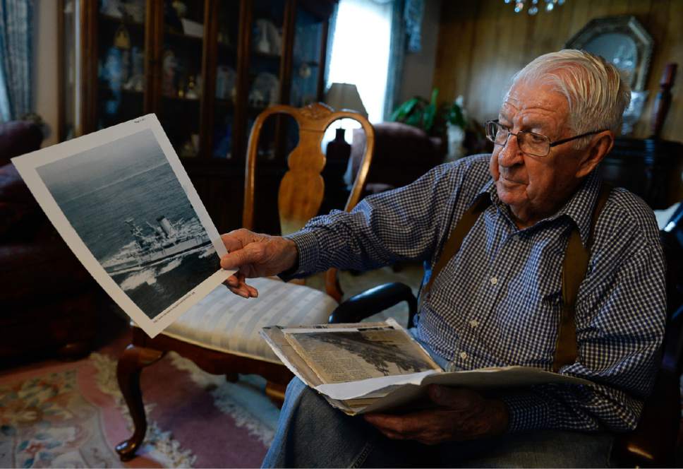 Francisco Kjolseth | The Salt Lake Tribune
Sitting at the home he has shared with his wife Betty since 1947, Salt Lake City resident and WWII Navy vet Clayton James "Jim" Kearl, 96, discusses his time serving aboard the heavy cruiser ship the USS Salt Lake City during the war. Jim served as a radar man alongside 1,200 other men.