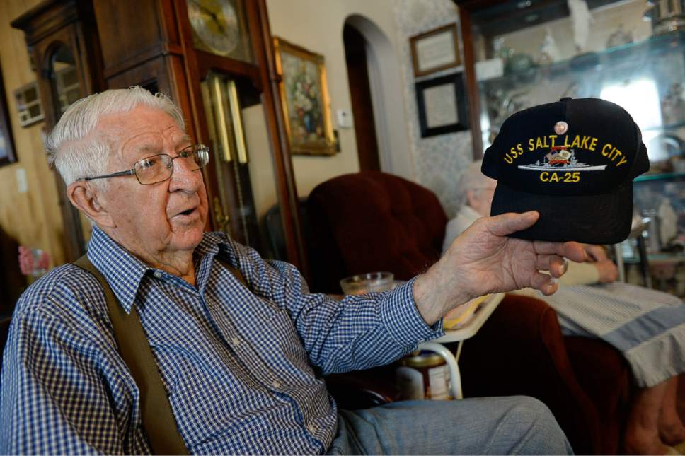 Francisco Kjolseth | The Salt Lake Tribune
Sitting at the home he has shared with his wife Betty since 1947, Salt Lake City resident and WWII Navy vet Clayton James "Jim" Kearl discusses his time serving aboard the heavy cruiser ship the USS Salt Lake City.