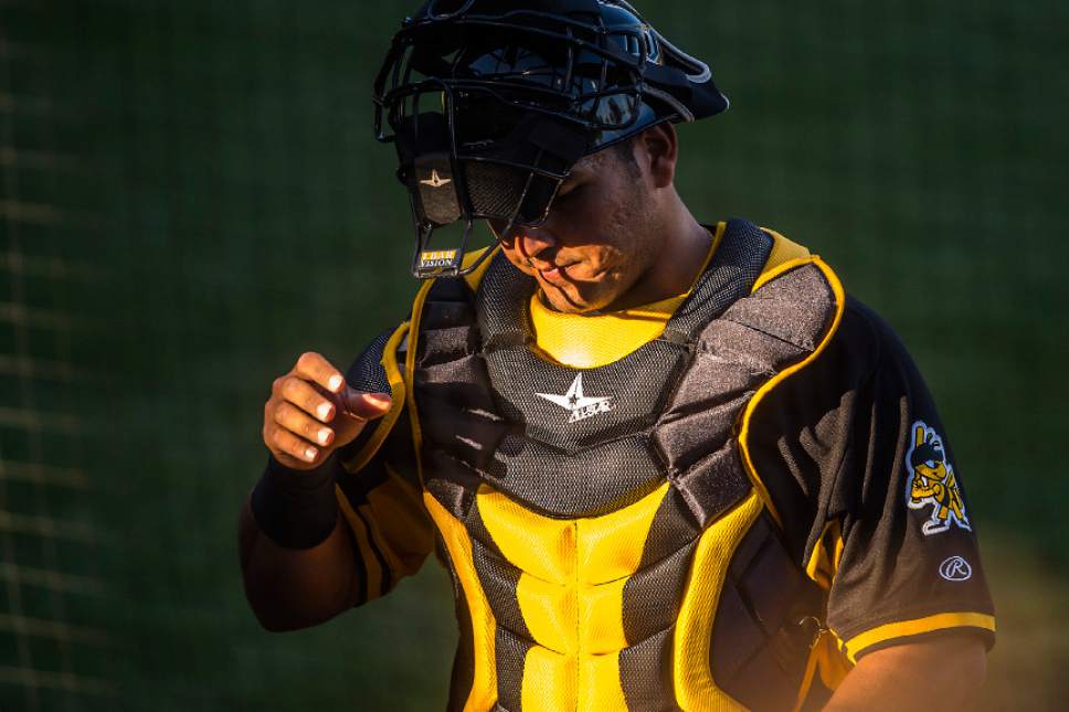 Chris Detrick  |  The Salt Lake Tribune
Salt Lake Bees catcher Carlos Perez (19) walks off of the field during the game against Tacoma Rainiers at Smith's Ballpark Sunday, May 28, 2017.