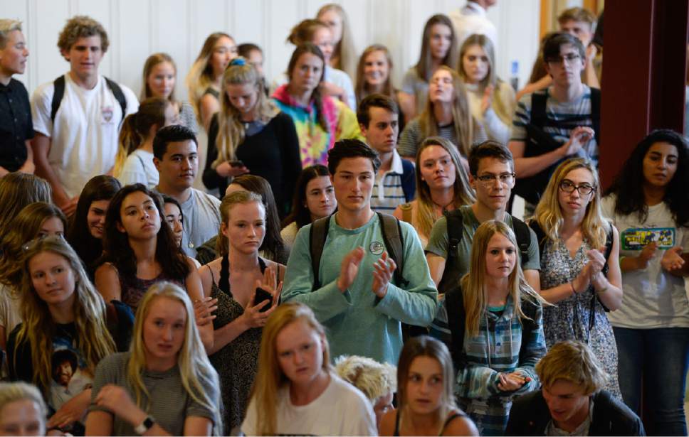 Francisco Kjolseth | The Salt Lake Tribune
Park City High School students and teachers gather in the common area of the school to hear the announcement by Park City School District's Board of Education of a $7,000 across-the-board pay increase for teachers on Wed. May 31, 2017.