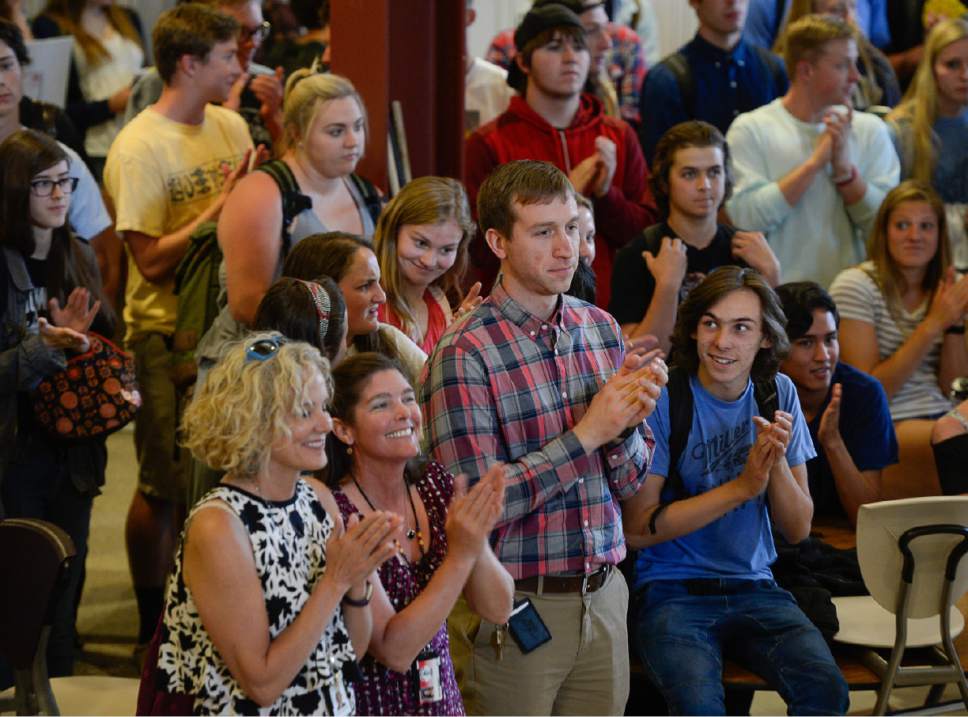 Francisco Kjolseth | The Salt Lake Tribune
Park City High School students and teachers gather in the common area of the school to hear the announcement by Park City School District's Board of Education of a $7,000 across-the-board pay increase for teachers on Wed. May 31, 2017.
