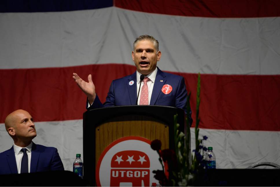 Scott Sommerdorf | The Salt Lake Tribune
Rob Anderson gives his speech prior to the first vote for chairman at the Utah Republican Party Organizing Convention, Saturday, May 19, 2017. He was elected in the second round of voting over Phill Wright.