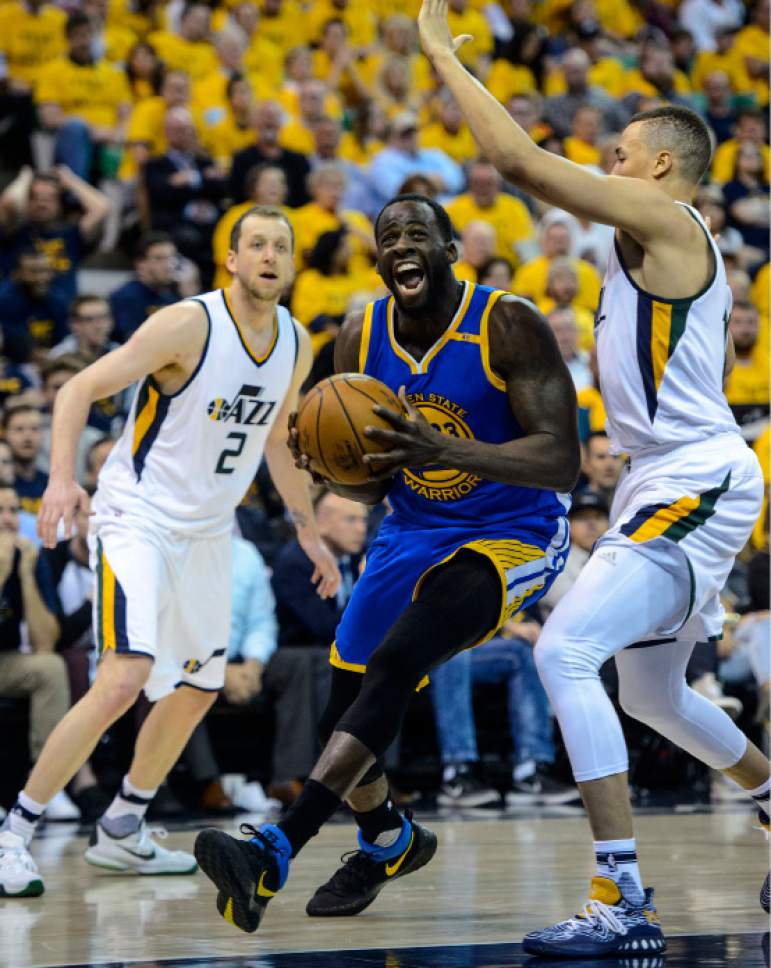 Steve Griffin  |  The Salt Lake Tribune


Golden State Warriors forward Draymond Green (23) powers his way past Utah Jazz guard Dante Exum (11) during game 4 of the NBA playoff game between the Utah Jazz and the Golden State Warriors at Vivint Smart Home Arena in Salt Lake City Monday May 8, 2017.