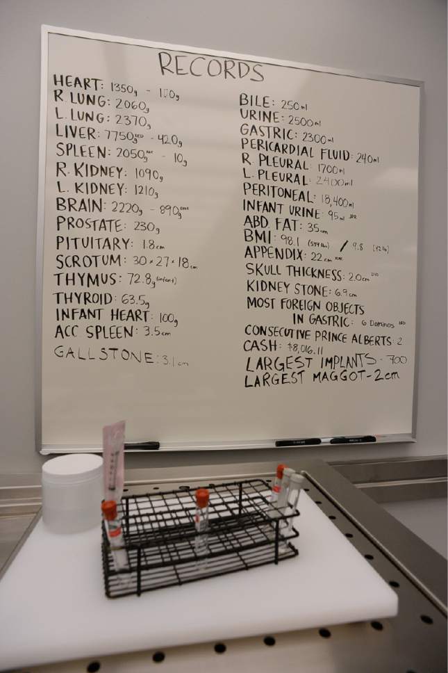 Francisco Kjolseth | The Salt Lake Tribune
A striking list of body parts and foreign objects processed through the new State Crime Lab in Taylorsville are marked on a board on Thursday, June 1, 2017. Housing the Utah State Medical Examiner's Office and the Department of Agriculture the new building features a ballistics firing range, vehicle processing bays, trace evidence labs, chemistry labs and a robotic DNA testing lab.