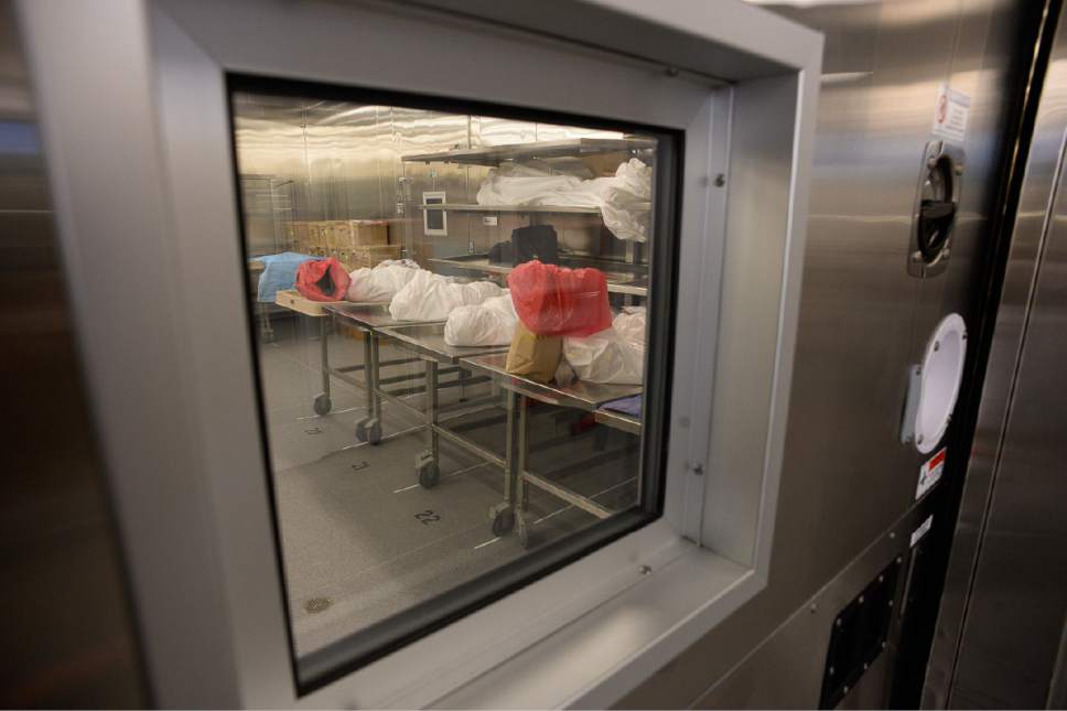 Francisco Kjolseth | The Salt Lake Tribune
Bodies being processed through the new State Crime Lab in Taylorsville are held in one of two large coolers on Thursday, June 1, 2017. Housing the Utah State Medical Examiner's Office and the Department of Agriculture the new building features a ballistics firing range, vehicle processing bays, trace evidence labs, chemistry labs and a robotic DNA testing lab.