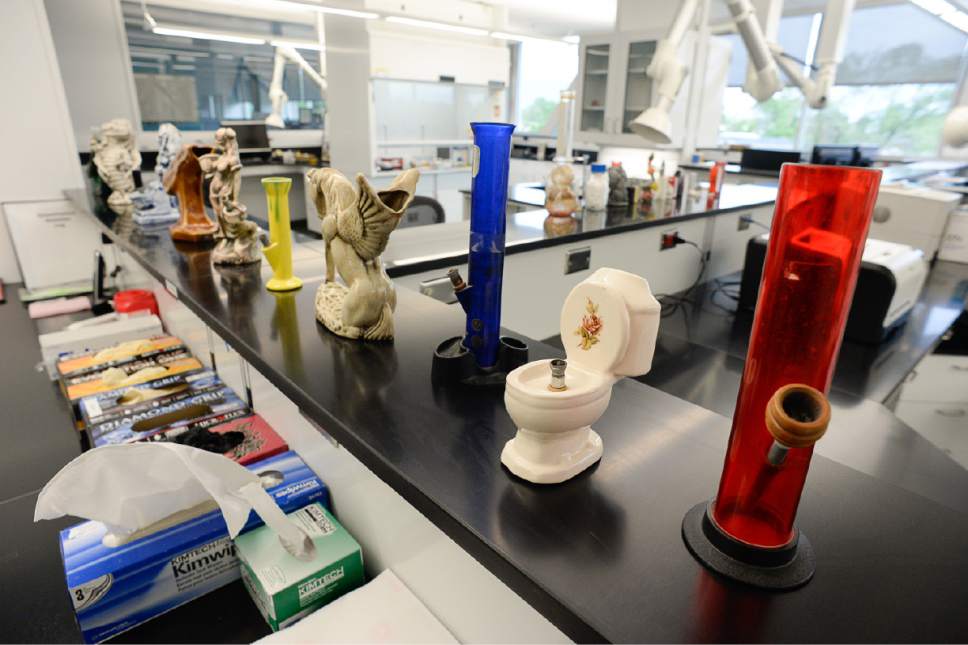 Francisco Kjolseth | The Salt Lake Tribune
Confiscated drug paraphernalia is on display in the chemistry lab of the new State Crime Lab in Taylorsville on Thursday, June 1, 2017.