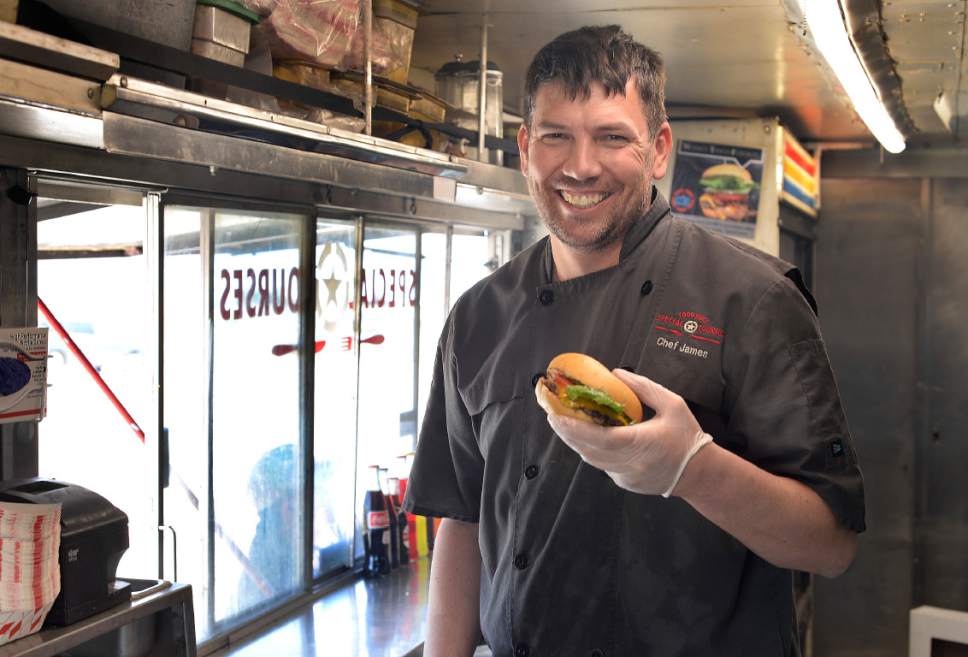 Scott Sommerdorf | The Salt Lake Tribune
James Veylupek inside the Special Courses food truck, Saturday, May 27, 2017. Veylupek serves food with a military theme, like the Whiskey-Tango-Foxtrot burger.