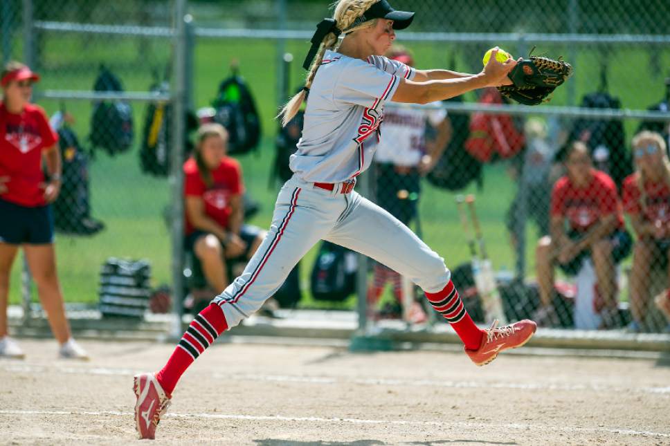 Chris Detrick  |  The Salt Lake Tribune
Spanish Fork's Cambrie Hazel (11) pitches during the Class 4A softball state semifinal game at Valley Softball Complex Wednesday, May 24, 2017. Spanish Fork defeated Springville 14-0.