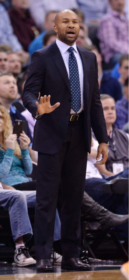 Steve Griffin  |  The Salt Lake Tribune

New York Knicks head coach Derek Fisher tells his team to slow down during first half action in the Utah Jazz versus New York Knicks NBA basketball game at EnergySolutions Arena in Salt Lake City, Tuesday, March 10, 2015.