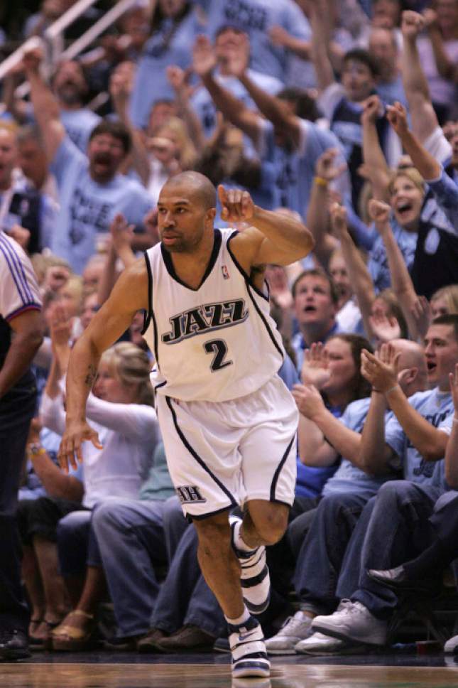 Trent Nelson  |  Tribune file photo

Utah Jazz guard Derek Fisher (2) points to the Jazz bench after hitting a three-point shot to put Utah ahead 62-60 in the 3rd quarter of game three of the 2007 Western Conference Finals.