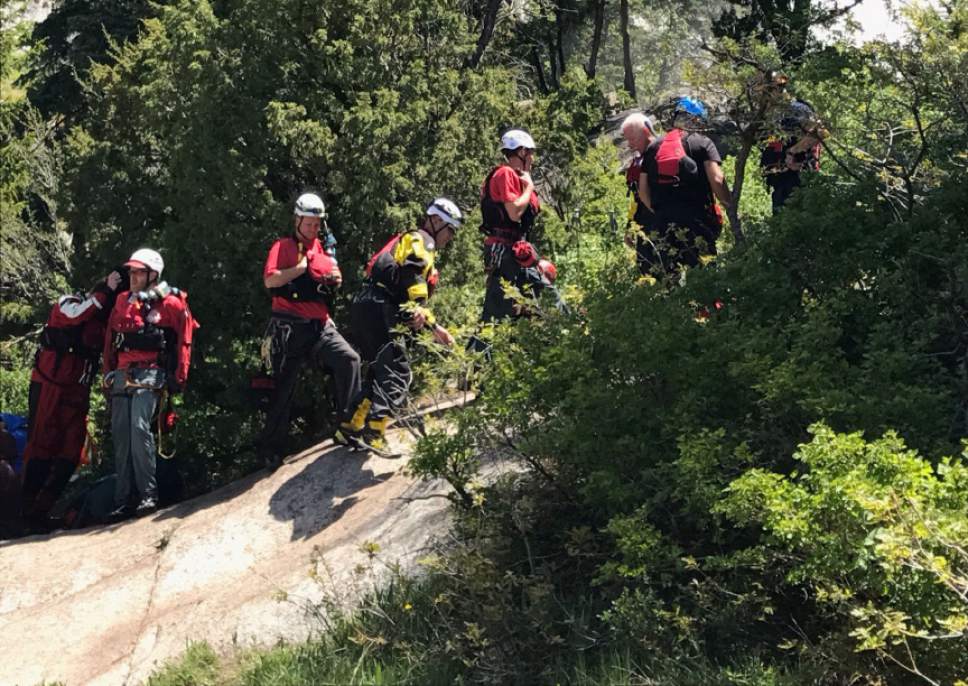 Steve Griffin  |  The Salt Lake Tribune

Members of Salt Lake County Search and Rescue work to recover the body of Siaosi Brown after he fell while hiking in the Bell Canyon area yesterday.