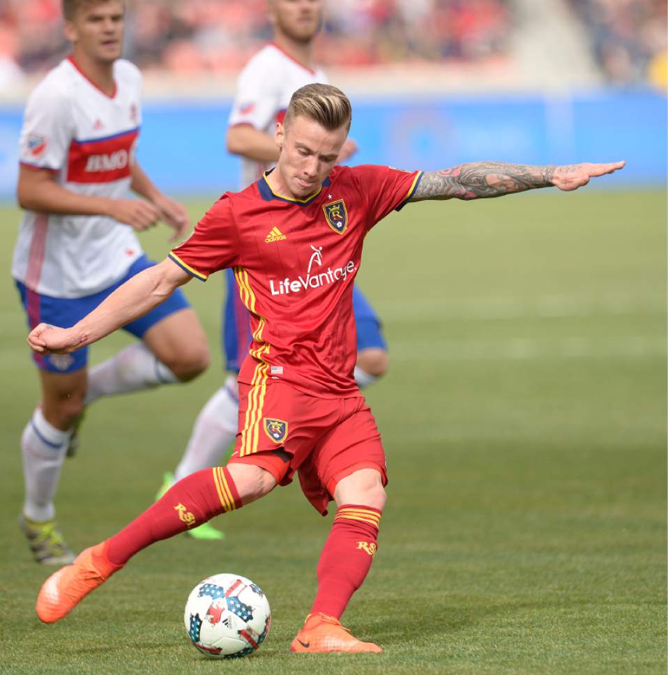 Leah Hogsten  |  The Salt Lake Tribune
Real Salt Lake midfielder Albert Rusnak (11) takes aim at the goal but misses. Real Salt Lake kicked off the 2017 season Saturday, March 4, 2017 with a home opener against Toronto FC at Rio Tinto Stadium. Real Salt Lake and Toronto FC are 0-0 at the half.