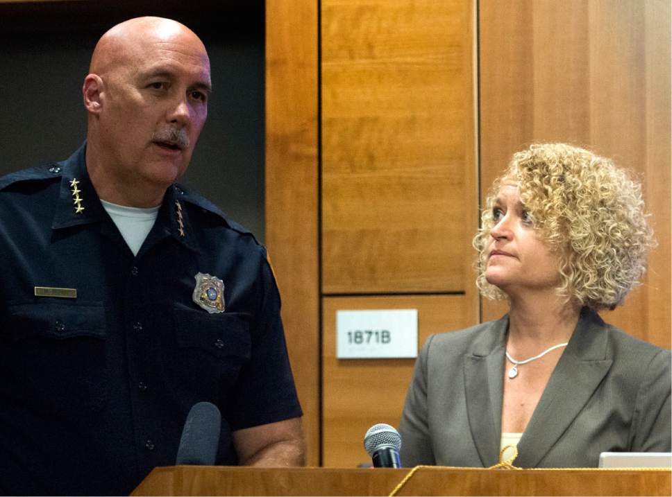 Rick Egan  |  The Salt Lake Tribune

City Police Chief Mike Brown and Mayor Jackie Biskupski explain what the city has been doing to reduce the crime in the downtown area, during a news conference at the Public Safety Building, Monday, June 5, 2017.
