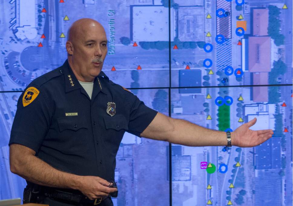 Rick Egan  |  The Salt Lake Tribune

City Police Chief Mike Brown points out improvements the city has implemented to reduce the crime in the downtown area, during a news conference at the Public Safety Building, Monday, June 5, 2017.
