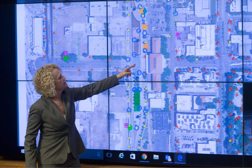 Rick Egan  |  The Salt Lake Tribune

Mayor Jackie Biskupski points out improvements the city has made to reduce the crime in the downtown area, during a news conference at the Public Safety Building, Monday, June 5, 2017.