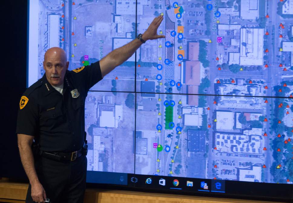 Rick Egan  |  The Salt Lake Tribune

City Police Chief Mike Brown points out improvements the city has implemented to reduce the crime in the downtown area, during a news conference at the Public Safety Building, Monday, June 5, 2017.
