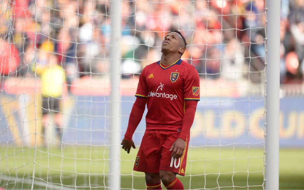 Leah Hogsten  |  The Salt Lake Tribune
Real Salt Lake forward Joao Plata (10) reacts as his chance for a chip at goal goes over the net in the second half. Real Salt Lake tied the 2017 season home opener with Toronto FC, 0-0, Saturday, March 4, 2017 at Rio Tinto Stadium.